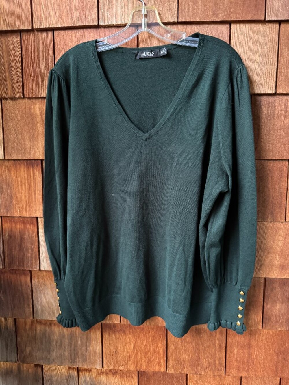 Ralph Lauren Forest Green Knit V-Neck Pullover Button Cuffs Sweater - Women's 2X